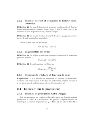 nition 12 Une fonction u de X dans R est une fonction d'utilite representant 
la relation de preference % si, pour tout x et y de X, 
x % y () u(x)  u(y) 
Theoreme 13 Soit une relation de preferences satisfaisant les axiomes precedents 
(preferences rationelles, continues et strictement croissantes). Il existe tou- 
jours une fonction d'utilite continue et strictement croissante qui la represente. 
Intuition de la construction (graphique) : on de 