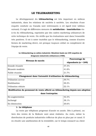 LE TELEMARKETING

         Le développement du télémarketing est très important en milieux
    industriels, dans les relations de sociétés à sociétés. Les résultats d'une
    enquête conduite au Canada sont intéressants à cet égard (voir tableau
    suivant). Il s'agit de différentes mesures de satisfaction - insatisfaction vis-
    à-vis du télémarketing, exprimées par des cadres marketing utilisateurs de
    cette technique de vente. On vérifie que les évaluations sont dans l'ensemble
    très positives. Il est à noter toutefois que le télémarketing, comme d'autres
    formes de marketing direct, est presque toujours utilisé en complément de
    l'équipe de vente.


            Le télémarketing en milieu industriel. Résultats basés sur 249 enquêtes de
                          dirigeants industriels utilisateurs (1988).
                                                                          Pourcentage de
                      Niveaux de succès
                                                                        répondants (n = 249)
Grande réussite                                                    37.3%
Réussite modérée                                                   41.0%
Faible réussite                                                    21.7%
            Changement dans l'intensité d'utilisation du télémarketing.
Utilisation accrue                                                39.7%
Stabilisation                                                     38.2%
Utilisation réduite                                               22.1%
Modification du personnel de vente affecté au télémarketing depuis son adoption
                                      dans l'entreprise.
En augmentation                                                    42.3%
Inchangé                                                           38.1%
En diminution                                                      20.6%
         1- Le téléphone
         La vente par téléphone progresse d'année en année. Dés à présent, un
    tiers des ventes de la Redoute sont ainsi réalisées. Au reste, même la
    distribution de produits industriels s'effectue de plus en plus par ce canal. Il
    en résulte une amélioration de la rentabilité, car le temps consacré au client

                                               61
 