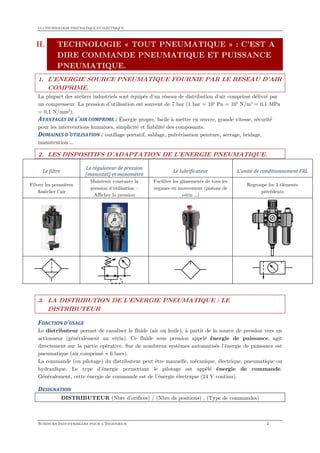 CI.1 TECHNOLOGIE PNEUMATIQUE ET ELECTRIQUE
SCIENCES INDUSTRIELLES POUR L'INGENIEUR 2
II. TECHNOLOGIE « TOUT PNEUMATIQUE » : C’EST A
DIRE COMMANDE PNEUMATIQUE ET PUISSANCE
PNEUMATIQUE.
1. L’ENERGIE SOURCE PNEUMATIQUE FOURNIE PAR LE RESEAU D’AIR
COMPRIME.
La plupart des ateliers industriels sont équipés d’un réseau de distribution d’air comprimé délivré par
un compresseur. La pression d’utilisation est souvent de 7 bar (1 bar = 105
Pa = 105
N/m2
= 0,1 MPa
= 0,1 N/mm2
).
AVANTAGES DE L’AIR COMPRIME : Énergie propre, facile à mettre en œuvre, grande vitesse, sécurité
pour les interventions humaines, simplicité et fiabilité des composants.
DOMAINES D’UTILISATION : outillage portatif, sablage, pulvérisation peinture, serrage, bridage,
manutention …
2. LES DISPOSITIFS D’ADAPTATION DE L’ENERGIE PNEUMATIQUE.
Le filtre
Le régulateur de pression
(manostat) et manomètre
Le lubrificateur L’unité de conditionnement FRL
Filtrer les poussières
Assécher l’air
Maintenir constante la
pression d’utilisation –
Afficher la pression
Faciliter les glissements de tous les
organes en mouvement (pistons de
vérin …)
Regroupe les 3 éléments
précédents
3. LA DISTRIBUTION DE L’ENERGIE PNEUMATIQUE : LE
DISTRIBUTEUR
FONCTION D’USAGE
Le distributeur permet de canaliser le fluide (air ou huile), à partir de la source de pression vers un
actionneur (généralement un vérin). Ce fluide sous pression appelé énergie de puissance, agit
directement sur la partie opérative. Sur de nombreux systèmes automatisés l’énergie de puissance est
pneumatique (air comprimé ≈ 6 bars).
La commande (ou pilotage) du distributeur peut être manuelle, mécanique, électrique, pneumatique ou
hydraulique. Le type d’énergie permettant le pilotage est appélé énergie de commande.
Généralement, cette énergie de commande est de l’énergie électrique (24 V continu).
DESIGNATION
DISTRIBUTEUR (Nbre d’orifices) / (Nbre de positions) , (Type de commandes)
 
