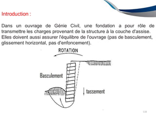 Introduction :
Dans un ouvrage de Génie Civil, une fondation a pour rôle de
transmettre les charges provenant de la structure à la couche d'assise.
Elles doivent aussi assurer l'équilibre de l'ouvrage (pas de basculement,
glissement horizontal, pas d'enfoncement).
118
 