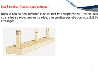 Les Semelles filantes sous poteaux :
Dans le cas où des semelles isolées sont très rapprochées l'une de l'autr
ou si elles se recoupent entre elles, une solution semelle continue doit êtr
envisagée.
135
 