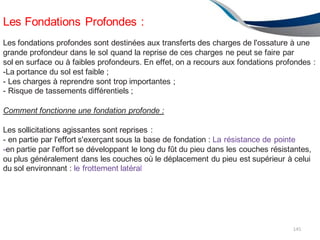 Les Fondations Profondes :
145
Les fondations profondes sont destinées aux transferts des charges de l'ossature à une
grande profondeur dans le sol quand la reprise de ces charges ne peut se faire par
sol en surface ou à faibles profondeurs. En effet, on a recours aux fondations profondes :
-La portance du sol est faible ;
- Les charges à reprendre sont trop importantes ;
- Risque de tassements différentiels ;
Comment fonctionne une fondation profonde :
Les sollicitations agissantes sont reprises :
- en partie par l'effort s'exerçant sous la base de fondation : La résistance de pointe
-en partie par l'effort se développant le long du fût du pieu dans les couches résistantes,
ou plus généralement dans les couches où le déplacement du pieu est supérieur à celui
du sol environnant : le frottement latéral
 