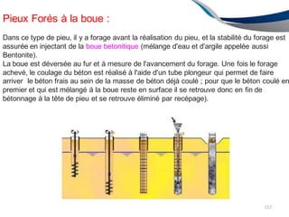 Pieux Forés à la boue :
Dans ce type de pieu, il y a forage avant la réalisation du pieu, et la stabilité du forage est
assurée en injectant de la boue betonitique (mélange d'eau et d'argile appelée aussi
Bentonite).
La boue est déversée au fur et à mesure de l'avancement du forage. Une fois le forage
achevé, le coulage du béton est réalisé à l'aide d'un tube plongeur qui permet de faire
arriver le béton frais au sein de la masse de béton déjà coulé ; pour que le béton coulé en
premier et qui est mélangé à la boue reste en surface il se retrouve donc en fin de
bétonnage à la tête de pieu et se retrouve éliminé par recépage).
157
 