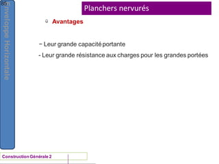 Enveloppe
Horizontale
Planchers nervurés
ü
ConstructionGénérale 2
Avantages
85
− Leur grande capacitéportante
- Leur grande résistance aux charges pour les grandes portées
 