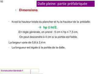 Dalle pleine: partie préfabriquée
ü
ConstructionGénérale 1
Dimensions
92
• ht est la hauteur totale du plancher et hp la hauteur de la prédalle:
 hp ≤ ht/2.
En règle générale, on prend : 5 cm ≤ hp ≤ 7,5 cm,
On peut descendre à 4 cm si la portée est faible.
La largeur varie de 0,6 à 2,4 m
• La longueur est égale à la portée de la dalle.
 