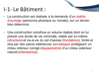 I-1- Le Bâtiment :
22
- La construction est réalisée à la demande d’un maître
d’ouvrage (personne physique ou morale), sur un terrain
bien déterminé.
- Une construction constitue un volume réalisé dont on lui
prévoit une durée de vie minimale, stable par lui-même
(structure) et vis-à-vis du sol d’assise (fondations), limité et
clos par des parois extérieures (enveloppe) protégeant un
milieu intérieur corrigé (équipements) d’un milieu extérieur
naturel (intempéries).
 
