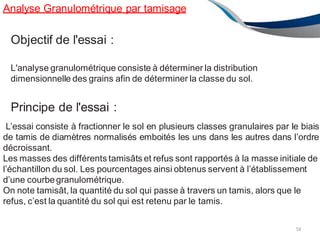 Analyse Granulométrique par tamisage
58
Objectif de l'essai :
L'analyse granulométrique consiste à déterminer la distribution
dimensionnelle des grains afin de déterminer la classe du sol.
Principe de l'essai :
L’essai consiste à fractionner le sol en plusieurs classes granulaires par le biais
de tamis de diamètres normalisés emboités les uns dans les autres dans l’ordre
décroissant.
Les masses des différents tamisâts et refus sont rapportés à la masse initiale de
l’échantillon du sol. Les pourcentages ainsi obtenus servent à l’établissement
d’une courbegranulométrique.
On note tamisât, la quantité du sol qui passe à travers un tamis, alors que le
refus, c’est la quantité du sol qui est retenu par le tamis.
 