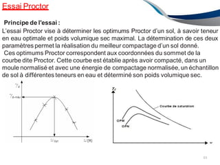 Essai Proctor
Principe de l'essai :
L’essai Proctor vise à déterminer les optimums Proctor d’un sol, à savoir teneur
en eau optimale et poids volumique sec maximal. La détermination de ces deux
paramètres permet la réalisation du meilleur compactage d’un sol donné.
Ces optimums Proctor correspondent aux coordonnées du sommet de la
courbe dite Proctor. Cette courbe est établie après avoir compacté, dans un
moule normalisé et avec une énergie de compactage normalisée, un échantillon
de sol à différentes teneurs en eau et déterminé son poids volumique sec.
63
 