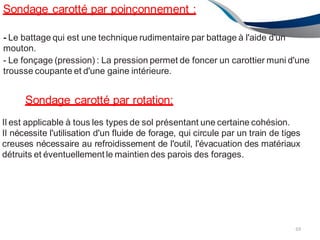 Sondage carotté par poinçonnement :
69
- Le battage qui est une technique rudimentaire par battage à l'aide d'un
mouton.
- Le fonçage (pression) : La pression permet de foncer un carottier muni d'une
trousse coupante et d'une gaine intérieure.
Sondage carotté par rotation:
Il est applicable à tous les types de sol présentant une certaine cohésion.
Il nécessite l'utilisation d'un fluide de forage, qui circule par un train de tiges
creuses nécessaire au refroidissement de l'outil, l'évacuation des matériaux
détruits et éventuellement le maintien des parois des forages.
 