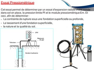Essai Pressiométrique
71
ENAU2012/2013
La contrainte de rupture sous une fondation superficielle ou profonde,
Cet essai permet de déterminer par un essai d'expansion radiale d'une sonde
dans sol en place, la pression limite Pl et le module pressiométriqueEm. Et
ceci, afin de déterminer:
-
- Le tassement d'une fondation superficielle,
- la nature et la qualité du sol.
 