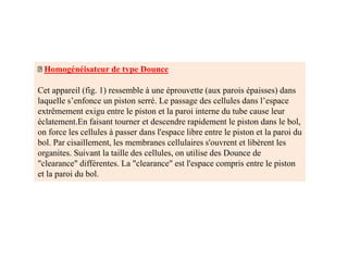 Homogénéisateur de type Dounce
Cet appareil (fig. 1) ressemble à une éprouvette (aux parois épaisses) dans
laquelle s’enfonce un piston serré. Le passage des cellules dans l’espace
extrêmement exigu entre le piston et la paroi interne du tube cause leur
éclatement.En faisant tourner et descendre rapidement le piston dans le bol,
on force les cellules à passer dans l'espace libre entre le piston et la paroi du
bol. Par cisaillement, les membranes cellulaires s'ouvrent et libèrent les
organites. Suivant la taille des cellules, on utilise des Dounce de
"clearance" différentes. La "clearance" est l'espace compris entre le piston
et la paroi du bol.
 