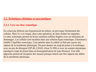 2.2. Techniques chimique et enzymatiques
2.2.1. Lyse ou choc osmotique
En créant par dilution une hypotonicité du milieu, on provoque l'éclatement des
cellules. Mais il y a le risque, dans cette opération, de faire éclater les organites.
Le choc osmotique permet de briser certaines cellules fragiles avec un minimum de
dommages. Les cellules sont incubées dans une solution hypo-osmotique. Cherchant à
rétablir l’équilibre osmotique, l’eau pénètre dans la cellule et finit par causer une
rupture de la membrane plasmique. On peut donner un coup de pouce à la technique
avec un peu de détergent (NP-40, LDAO, triton X-100) et avec un soutien mécanique
(quelques coups de piston dans un homogénéisateur de type Dounce). Une telle
approche permet de récupérer des noyaux presque intacts une fois séparés des débris
de la membrane plasmique.
.
 