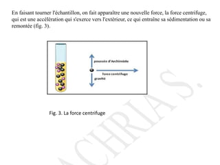 En faisant tourner l'échantillon, on fait apparaître une nouvelle force, la force centrifuge,
qui est une accélération qui s'exerce vers l'extérieur, ce qui entraîne sa sédimentation ou sa
remontée (fig. 3).
Fig. 3. La force centrifuge
 