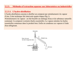 2.2.3. Méthodes d’extraction aqueuse aux laboratoires ou industrielles
2.2.3.1. L’hydro-distillation
L’hydro-distillation consiste à distiller un composé par entraînement à la vapeur
d’eau. Cette technique fait intervenir quatre étapes (fig.1).
•Entraînement à la vapeur : on fait bouillir un mélange d'eau et de substance naturelle
contenant le composé à extraire (huile essentielle). La vapeur entraîne les huiles
essentielles contenues dans le produit brut. Enfin on condense ces vapeurs à l'aide
d'un réfrigérant.
 