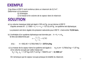 2 kg d'eau à 200°C sont contenus dans un réservoir de 0,2 m3 .
Déterminer a) la pression
            b) l'enthalpie
            c) la masse et le volume de la vapeur dans le réservoir.



a) Le volume massique total est égal à 100 cm3/g, ce qui donne à 200°C
   d'après annexe III: (1,1565 = vf < v < vg = 127,4) cm3/g , le système est diphasique.

  La pression est donc égale à la pression saturante pour 200°C c'est-à-dire 15,54 bars.

b) L'enthalpie d'un système diphasique est donnée par : h = hf + x hfg
   le titre est déterminé par :    v v  f
                              x             0,783
                                  vg   vf

    d'où :    h = 852,45 + 0,783(1940,7) = 2372 kJ/kg

c) La masse de la vapeur dans le système est égale à : mg=x.m= 0,783x2 kg = 1,57 kg.
   et le volume occupé par cette masse est :
     Vg = mg vg = 1,57 kg x127,7 cm3/g = 199470 cm3 = 0,1995 m3

   On remarque que la vapeur occupe presque la totalité du réservoir.
 