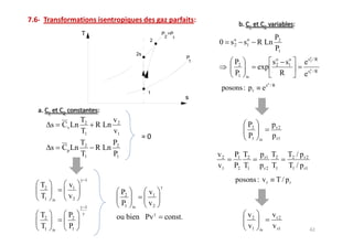 T                                    P >P
                                                       2   1                                   P2
                                                  2
                                                                    0 s o s1 R Ln
                                                                        2
                                                                           o

                                                                                               P1
                                             2s
                                                                P                                                   o
                                                                1        P2             s o s1
                                                                                             o
                                                                                                               es2 / R
                                                                                    exp 2                           o
                                                                         P1   is
                                                                                           R                   es1 / R
                                                                                          o
                                                                     posons : p r    es       /R
                                                  1
                                                                s


                  T2          v2
     s    Cv Ln        R Ln                                                    P2             pr2
                  T1          v1
                                                                               P1   is
                                                                                              p r1
               T           P
     s    Cp Ln 2      R Ln 2
               T1          P1                                       v2   P1 T2      p r1 T2            T2 / p r 2
                                                                    v1   P2 T1      p r 2 T1           T1 / p r1
                   1                                                      posons : v r             T / pr
T2         v1
T1         v2                      P2             v1
     is
                   1
                                   P1   is
                                                  v2
T2         P2                  ou bien Pv              const.                  v2             vr2
T1   is
           P1                                                                  v1   is
                                                                                              v r1
 