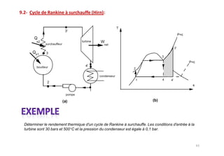 Déterminer le rendement thermique d'un cycle de Rankine à surchauffe. Les conditions d'entrée à la
turbine sont 30 bars et 500°C et la pression du condenseur est égale à 0,1 bar.
 