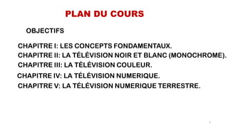 PLAN DU COURS
CHAPITRE I: LES CONCEPTS FONDAMENTAUX.
CHAPITRE II: LA TÉLÉVISION NOIR ET BLANC (MONOCHROME).
CHAPITRE III: LA TÉLÉVISION COULEUR.
CHAPITRE IV: LA TÉLÉVISION NUMERIQUE.
2
OBJECTIFS
CHAPITRE V: LA TÉLÉVISION NUMERIQUE TERRESTRE.
 