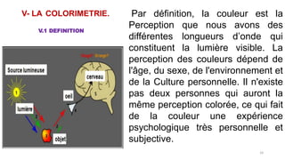 V- LA COLORIMETRIE. Par définition, la couleur est la
Perception que nous avons des
différentes longueurs d’onde qui
constituent la lumière visible. La
perception des couleurs dépend de
l'âge, du sexe, de l'environnement et
de la Culture personnelle. Il n'existe
pas deux personnes qui auront la
même perception colorée, ce qui fait
de la couleur une expérience
psychologique très personnelle et
subjective.
V.1 DEFINITION
24
 