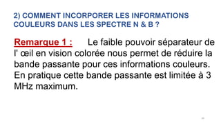 49
Remarque 1 : Le faible pouvoir séparateur de
l' œil en vision colorée nous permet de réduire la
bande passante pour ces informations couleurs.
En pratique cette bande passante est limitée à 3
MHz maximum.
2) COMMENT INCORPORER LES INFORMATIONS
COULEURS DANS LES SPECTRE N & B ?
 