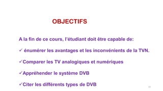 OBJECTIFS
A la fin de ce cours, l’étudiant doit être capable de:
 énumérer les avantages et les inconvénients de la TVN.
Comparer les TV analogiques et numériques
Appréhender le système DVB
Citer les différents types de DVB 63
 