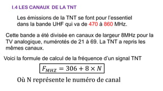 I.4 LES CANAUX DE LA TNT
Les émissions de la TNT se font pour l’essentiel
dans la bande UHF qui va de 470 à 860 MHz.
Cette bande a été divisée en canaux de largeur 8MHz pour la
TV analogique, numérotés de 21 à 69. La TNT a repris les
mêmes canaux.
Voici la formule de calcul de la fréquence d’un signal TNT
𝐹𝑀𝐻𝑍 = 306 + 8 × 𝑁
Où N représente le numéro de canal
 