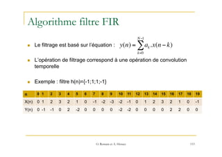 Algorithme filtre FIR
n  Le filtrage est basé sur l’équation :
n  L’opération de filtrage correspond à une opération de ...