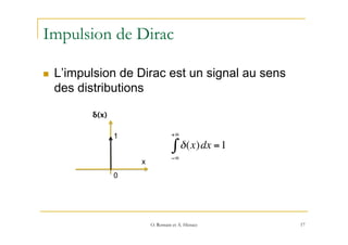 Impulsion de Dirac
n  L’impulsion de Dirac est un signal au sens
des distributions
17
δ(x)
1
0
x
δ(x)dx =1
−∞
+∞
∫
O. Rom...