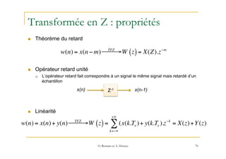 Transformée en Z : propriétés
n  Théorème du retard
n  Opérateur retard unité
q  L’opérateur retard fait correspondre à...