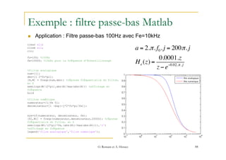 Exemple : filtre passe-bas Matlab
n  Application : Filtre passe-bas 100Hz avec Fe=10kHz
88
a = 2.π. f0. j = 200π. j
He (z...