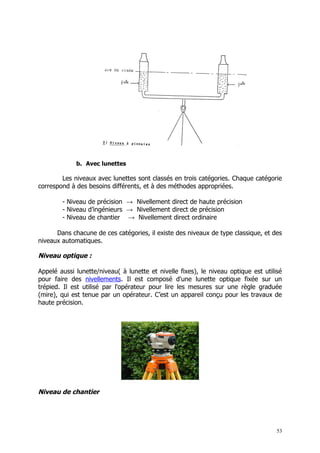 b. Avec lunettes

        Les niveaux avec lunettes sont classés en trois catégories. Chaque catégorie
correspond à des besoins différents, et à des méthodes appropriées.

        - Niveau de précision → Nivellement direct de haute précision
        - Niveau d’ingénieurs → Nivellement direct de précision
        - Niveau de chantier → Nivellement direct ordinaire

      Dans chacune de ces catégories, il existe des niveaux de type classique, et des
niveaux automatiques.

Niveau optique :

Appelé aussi lunette/niveau( à lunette et nivelle fixes), le niveau optique est utilisé
pour faire des nivellements. Il est composé d'une lunette optique fixée sur un
trépied. Il est utilisé par l'opérateur pour lire les mesures sur une règle graduée
(mire), qui est tenue par un opérateur. C’est un appareil conçu pour les travaux de
haute précision.




Niveau de chantier




                                                                                     53
 