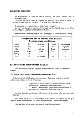 IV.3. UNITES DE MESURE


   •   En trigonométrie et dans les calculs d’erreurs, on utilise comme unité le
       « radian (rad) » ;
       Le radian est un arc dont la longueur est égale au rayon. Dans un cercle, la
   circonférence est égale au : diamètre x Π, le rayon étant égale à l’unité.

   •   En navigation et en astronomie, on utilise l’unité « degré (°) »
      Le degré est l’angle au centre qui intercepte sur la circonférence un arc d’une
   longueur &gale à 1/360 de cell de cette circonférence.

   •   En topométrie, l’unité employée est «le « grade (gr) ». la circonférence vaut 400 gr.




IV.4. PROCEDES DE DETERMINATION D’ANGLES

        Trois procédés peuvent être appliqués pour déterminer la valeur d’un angle avec
précision :

 I. Double retournement (angles horizontaux et verticaux) :

    C’est une méthode utilisée pour avoir deux valeurs d’un même angle avec le cercle
vertical occupant deux positions différentes :

                       -   1ère position : la lecture faite sur la direction observée avec le
                           cercle vertical à gauche de l’opérateur s’appelle LCG ;
                       -   2ème position : la lecture faite sur la direction observée avec le
                           cercle vertical à droite de l’opérateur s’appelle LCD.

      La valeur adoptée pour l’angle est la moyenne arithmétique entre les deux angles
   observés.

        Pour passer de la 1ère à la 2ème position, il faut donner une rotation de 200 gr à
l’appareil et une demi-révolution à la lunette d’où l’appellation : double retournement.

       Ce procédé est, aussi, utilisé pour détecter le défaut des appareils.




                                                                                                70
 
