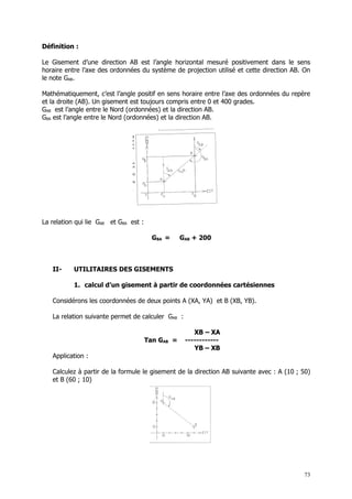 Définition :

Le Gisement d’une direction AB est l’angle horizontal mesuré positivement dans le sens
horaire entre l’axe des ordonnées du système de projection utilisé et cette direction AB. On
le note GAB.

Mathématiquement, c’est l’angle positif en sens horaire entre l’axe des ordonnées du repère
et la droite (AB). Un gisement est toujours compris entre 0 et 400 grades.
GAB est l’angle entre le Nord (ordonnées) et la direction AB.
GBA est l’angle entre le Nord (ordonnées) et la direction AB.




La relation qui lie GAB et GBA est :

                                         GBA =     GAB + 200



   II-     UTILITAIRES DES GISEMENTS

           1. calcul d’un gisement à partir de coordonnées cartésiennes

   Considérons les coordonnées de deux points A (XA, YA) et B (XB, YB).

   La relation suivante permet de calculer GAB :

                                                       XB – XA
                                       Tan GAB =    ------------
                                                       YB – XB
   Application :

   Calculez à partir de la formule le gisement de la direction AB suivante avec : A (10 ; 50)
   et B (60 ; 10)




                                                                                          73
 