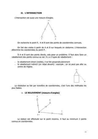 II. L’INTERSECTION

   L’intersection est aussi une mesure d’angles.




       On recherche le point P, A et B sont des points de coordonnées connues.

      On fait des visées à partir de A et B sur lesquels on stationne. L’intersection
détermine les coordonnées du point P.

       Si A et B sont des points élevés, cela pose un problème. Il faut alors faire un
rabattement des points connus au sol. Il y a 2 types de rabattement :

   -   le rabattement direct (visible), il se fait perpendiculairement
   -   le rabattement indirect (on rabat devant) : exemple : on ne peut pas aller au
       centre de l’église.




   La résolution se fait par transfère de coordonnées, c’est l’une des méthodes les
plus fiables.

           III. LE RELEVEMENT (mesure d’angles)




      La station est effectuée sur le point inconnu. Il faut au minimum 3 points
connus en coordonnées.




                                                                                    77
 