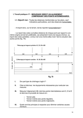 I. Travail pratique n°1 : MESURAGE DIRECT UN ALIGNEMENT
                              COMPRENANT DES POINTS INTERMEDIAIRES

       I.1. Objectif visé : Toutes les distances mentionnées sur les plans, sauf
                            Indications particulières, sont des distances horizontales.


       - Il import donc, sur le terrain, de les reporter horizontalement !


       - Le report des cotes cumulées (distance de chaque pont par rapport à une
même origine est de loin préférable, car présentant moins de risques d’erreur, au
report des cotes partielles. L’erreur de l’une d’entre elles modi fiant la situation des
autres points (fig. 79).




       I.     De quel type de chaînage s’agit-il ?

       II.    Citez et décrivez les équipements nécessaires pour exécuter ces
              mesures

       III.   Mesurez l’alignement AB, dont les points intermédiaires sont C, D et E
              et décrivez le procédé de mesure en :

                    -   Terrain plat,
                    -   Terrain incliné avec pente régulière,
                    -   Terrain incliné avec pente irrgéuluère.

       IV.    Quels sont les principes à respecter pour éliminer certaines causes
              d’erreurs


                                                                                           90
 