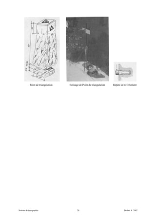 Point de triangulation   Balisage de Point de triangulation   Repère de nivellement




Notions de topographie                      20                                     Bedoui A. 2002
 