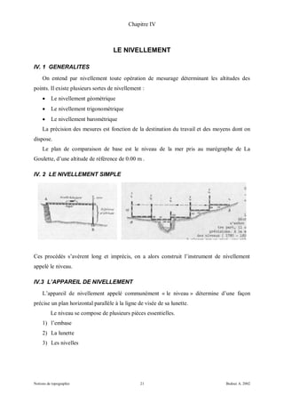 Chapitre IV



                                     LE NIVELLEMENT

IV. 1 GENERALITES
     On entend par nivellement toute opération de mesurage déterminant les altitudes des
points. Il existe plusieurs sortes de nivellement :
         Le nivellement géométrique
         Le nivellement trigonométrique
         Le nivellement barométrique
     La précision des mesures est fonction de la destination du travail et des moyens dont on
dispose.
     Le plan de comparaison de base est le niveau de la mer pris au marégraphe de La
Goulette, d’une altitude de référence de 0.00 m .

IV. 2 LE NIVELLEMENT SIMPLE




Ces procédés s’avèrent long et imprécis, on a alors construit l’instrument de nivellement
appelé le niveau.

IV.3 L’APPAREIL DE NIVELLEMENT
     L’appareil de nivellement appelé communément « le niveau » détermine d’une façon
précise un plan horizontal parallèle à la ligne de visée de sa lunette.
          Le niveau se compose de plusieurs pièces essentielles.
     1) l’embase
     2) La lunette
     3) Les nivelles




Notions de topographie                           21                               Bedoui A. 2002
 