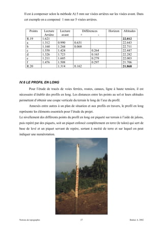 Il est à compenser selon la méthode A) 5 mm sur visées arrières sur les visées avant. Dans
     cet exemple on a compensé 1 mm sur 5 visées arrières.


          Points          Lecture    Lecture        Différences        Horizon    Altitudes
                          Arrière     avant        +            -
       R.19              1.621                                                    22.012
       a                 1.312      0.990      0.631                              22.643
       b                 1.160      1.244      0.068                              22.711
       c                 1.558      1.424                  0.264                  22.447
       d                 1.326      1.723                  0.165                  22.282
       e                 1.211      1.605                  0.279                  22.003
       f                 1.476      1.508                  0.297                  21.706
       R.20                         1.314      0.162                              21.868



IV.6 LE PROFIL EN LONG
          Pour l’étude de tracés de voies ferrées, routes, canaux, ligne à haute tension, il est
nécessaire d’établir des profils en long. Les distances entre les points au sol et leurs altitudes
permettent d’obtenir une coupe verticale du terrain le long de l’axe du profil.
          Annexés entre autres à un plan de situation et aux profils en travers, le profil en long
représente les éléments essentiels pour l’étude du projet.
Le nivellement des différents points du profil en long est piqueté sur terrain à l’aide de jalons,
puis repéré par des piquets, soit un piquet enfoncé complètement en terre (le talon) qui sert de
base de levé et un piquet servant de repère, sortant à moitié de terre et sur lequel on peut
indiquer une numérotation.




Notions de topographie                             27                                  Bedoui A. 2002
 