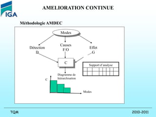 2010-2011
TQM
AMELIORATION CONTINUE
Méthodologie AMDEC
Modes
C
Détection
D
Causes
F/O
Effet
G
Diagramme de
hiérarchisation
Support d’analyse
Modes
C
 