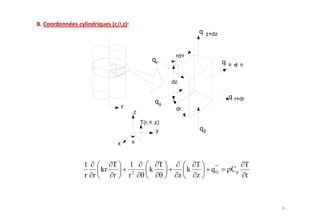 q z+dz


                                        rd θ
                              qr                                q   θ + θ
                                                                      d


                                       dz

                                                                    q r+dr
                                qθ
               r                        dr
                    z
                        T(r, θ, z)
                                 y                  qz

           x        θ



1      T           1               T                T                        T
    kr                      k                   k        q "'
                                                           G        Cp
r r    r           r2                       z       z                        t
 
