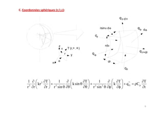 qθdθ
                                                                             +


                                                          rsin θ d Φ                   qΦ d Φ
                                                                                          +

                                                     qr

                  z                                             rd θ
                      θ       T   (r, θ , Φ )
                                                                                        q r+dr
                          r       y                 qΦ

                  Φ                                               dr
              x
                                                                               qθ


1         T        1                            T        1                 T                T
     kr 2                             k sin                            k        q "'
                                                                                  G    Cp
r2 r      r   r 2 sin                               r 2 sin 2                               t
 