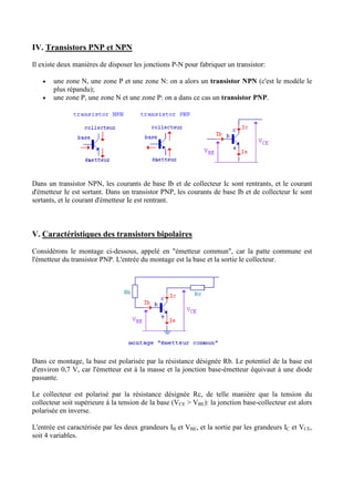 IV. Transistors PNP et NPN
Il existe deux manières de disposer les jonctions P-N pour fabriquer un transistor:
•
•

une zone N, une zone P et une zone N: on a alors un transistor NPN (c'est le modèle le
plus répandu);
une zone P, une zone N et une zone P: on a dans ce cas un transistor PNP.

Dans un transistor NPN, les courants de base Ib et de collecteur Ic sont rentrants, et le courant
d'émetteur Ie est sortant. Dans un transistor PNP, les courants de base Ib et de collecteur Ic sont
sortants, et le courant d'émetteur Ie est rentrant.

V. Caractéristiques des transistors bipolaires
Considérons le montage ci-dessous, appelé en "émetteur commun", car la patte commune est
l'émetteur du transistor PNP. L'entrée du montage est la base et la sortie le collecteur.

Dans ce montage, la base est polarisée par la résistance désignée Rb. Le potentiel de la base est
d'environ 0,7 V, car l'émetteur est à la masse et la jonction base-émetteur équivaut à une diode
passante.
Le collecteur est polarisé par la résistance désignée Rc, de telle manière que la tension du
collecteur soit supérieure à la tension de la base (VCE > VBE): la jonction base-collecteur est alors
polarisée en inverse.
L'entrée est caractérisée par les deux grandeurs IB et VBE, et la sortie par les grandeurs IC et VCE,
soit 4 variables.

 