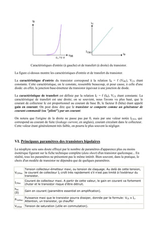 Caractéristiques d'entrée (à gauche) et de transfert (à droite) du transistor.
La figure ci-dessus montre les caractéristiques d'entrée et de transfert du transistor.
La caractéristique d'entrée du transistor correspond à la relation IB = f (VBE), VCE étant
constante. Cette caractéristique, on le constate, ressemble beaucoup, et pour cause, à celle d'une
diode: en effet, la jonction base-émetteur du transistor équivaut à une jonction de diode.
La caractéristique de transfert est définie par la relation IC = f (IB), VCE étant constante. La
caractéristique de transfert est une droite; on se souvient, nous l'avons vu plus haut, que le
courant de collecteur Ic est proportionnel au courant de base Ib, le facteur ß (béta) étant appelé
gain en courant. On peut donc dire que le transistor se comporte comme un générateur de
courant commandé (ou "piloté") par un courant.
On notera que l'origine de la droite ne passe pas par 0, mais par une valeur notée ICEO, qui
correspond au courant de fuite (leakage current, en anglais), courant circulant dans le collecteur.
Cette valeur étant généralement très faible, on pourra le plus souvent la négliger.

VI. Principaux paramètres des transistors bipolaires
Le néophyte sera sans doute effrayé par le nombre de paramètres d'apparence plus ou moins
ésotérique figurant sur la fiche technique complète (data sheet) d'un transistor quelconque... En
réalité, tous les paramètres ne présentent pas le même intérêt. Bien souvent, dans la pratique, le
choix d'un modèle de transistor ne dépendra que de quelques paramètres.
Tension collecteur-émetteur maxi, ou tension de claquage. Au delà de cette tension,
VCEMax le courant de collecteur IC croît très rapidement s'il n'est pas limité à l'extérieur du
transistor.
ICMax

Courant de collecteur maxi. A partir de cette valeur, le gain en courant va fortement
chuter et le transistor risque d'être détruit.

hFE
( ß)

Gain en courant (paramètre essentiel en amplification).

PTotMax

Puissance maxi que le transistor pourra dissiper, donnée par la formule: VCE x Ic.
Attention, un transistor, ça chauffe!

VCESat

Tension de saturation (utile en commutation).

 