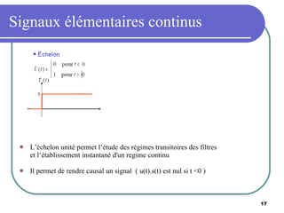 Signaux élémentaires continus L’échelon unité permet l’étude des régimes transitoires des filtres et l‘établissement instantané d'un regime continu Il permet de rendre causal un signal  ( u(t).s(t) est nul si t <0 ) 