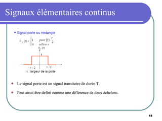 Signaux élémentaires continus Le signal porte est un signal transitoire de durée T. Peut aussi être defini comme une difference de deux échelons. 