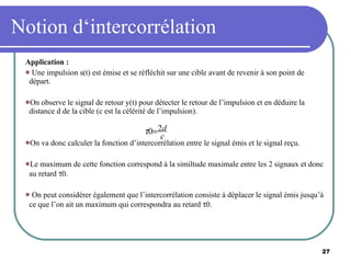 Notion d‘intercorrélation Application : Une impulsion s(t) est émise et se réfléchit sur une cible avant de revenir à son point de départ.  On observe le signal de retour y(t) pour détecter le retour de l’impulsion et en déduire la distance d de la cible (c est la célérité de l’impulsion). On va donc calculer la fonction d’intercorrélation entre le signal émis et le signal reçu. Le maximum de cette fonction correspond à la similtude maximale entre les 2 signaux et donc au retard   0. On peut considérer également que l’intercorrélation consiste à déplacer le signal émis jusqu’à ce que l’on ait un maximum qui correspondra au retard   0. 
