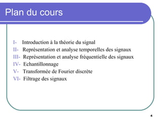 Plan du cours I-  Introduction à la théorie du signal II-   Représentation et analyse temporelles des signaux III-   Représentation et analyse fréquentielle des signaux IV-   Echantillonnage V-   Transformée de Fourier discrète VI-   Filtrage des signaux 