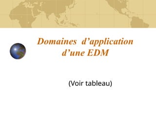 Domaines d’application
d’une EDM
(Voir tableau)
 