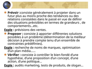 Prévoir :consiste généralement à projeter dans un
futur plus au moins proche des tendances ou des
relations constatées dans le passé en vue de définir
des situations prévisibles en termes de grandeurs , de
comportements…etc.
Exple : prévisions des ventes.
Proposer : consiste à apporter différentes solutions
possibles à un problème (détermination de la meilleur
décision à prendre compte tenu d’un ensemble de
contraintes prédéfinies).
Exple : recherche de noms de marques, optimisation
d’un plan média……
Vérifier : consiste à contrôler le bien-fondé d’une
hypothèse, d’une proposition d’un concept, d’une
action, d’une politique…
Exple : audits marketing, tests de produits, de slogan…
 
