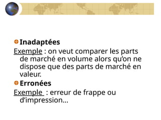Inadaptées
Exemple : on veut comparer les parts
de marché en volume alors qu’on ne
dispose que des parts de marché en
valeur.
Erronées
Exemple : erreur de frappe ou
d’impression…
 